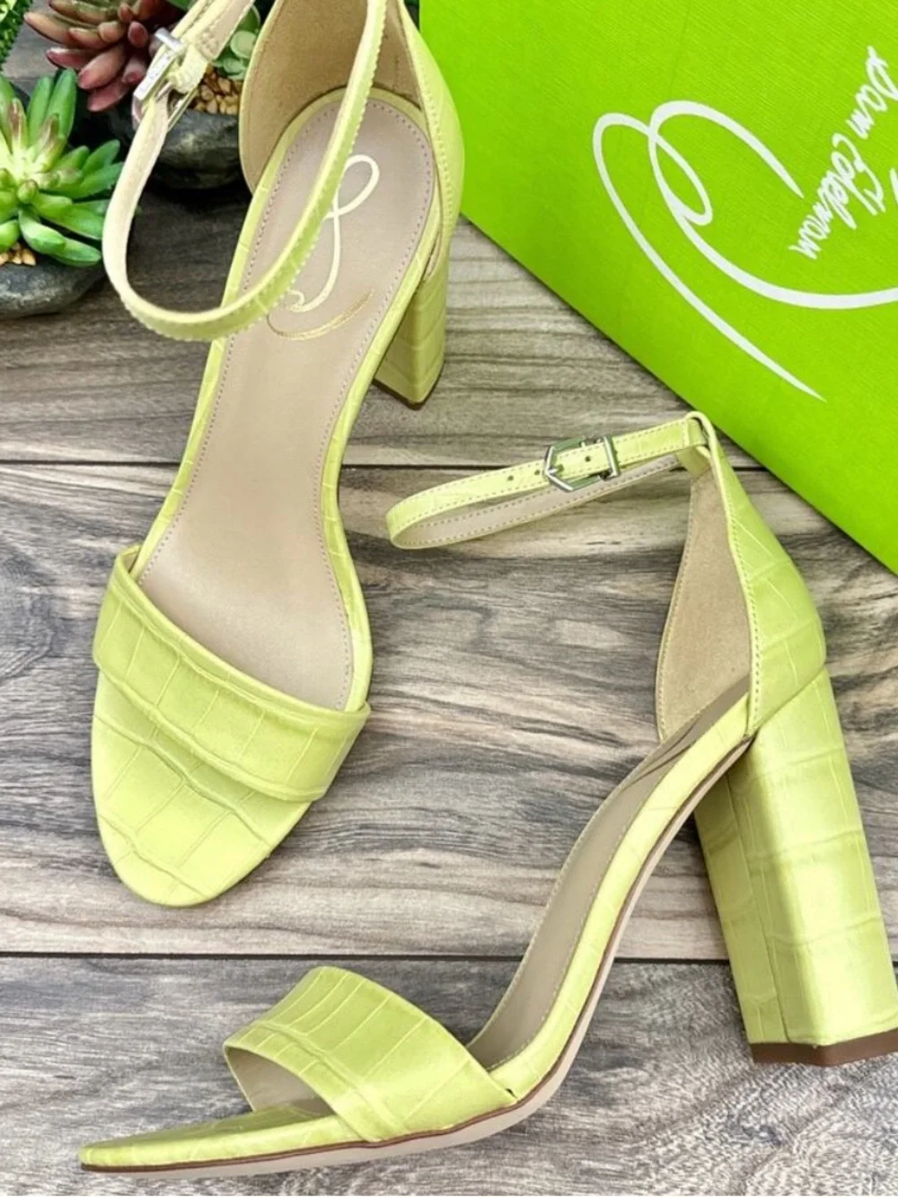 Sam Edelman Yaro 9 Lime Croc-Embossed Ankle-Strap Block Heels